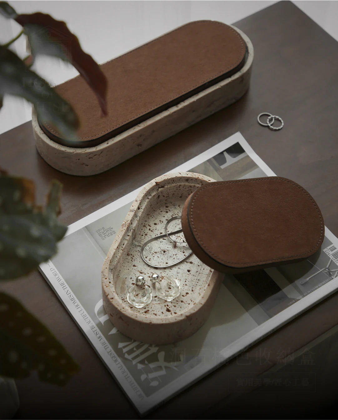 Vintage Travertine Box Luxury Jewelry Earrings Necklace Display Storage Jar Natural Stone Oval Container with Leather Cover