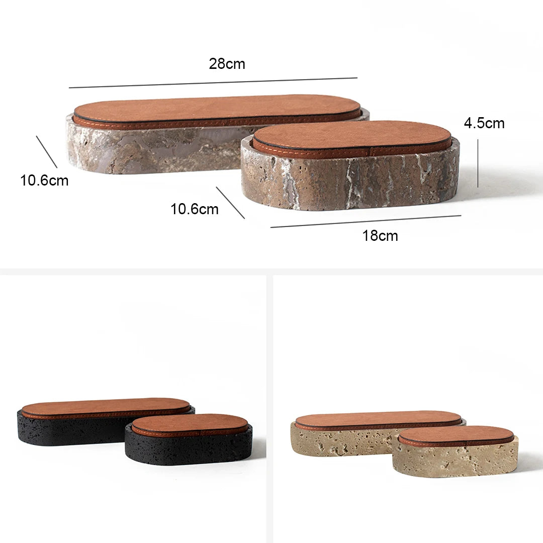 Vintage Travertine Box Luxury Jewelry Earrings Necklace Display Storage Jar Natural Stone Oval Container with Leather Cover
