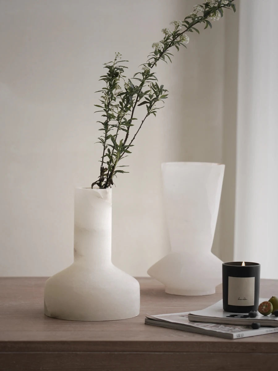 Minimalist White Onyx Natural Marble Vase Modern Flower Vase for Table Shelf Bookshelf Mantel Entryway and Centerpieces
