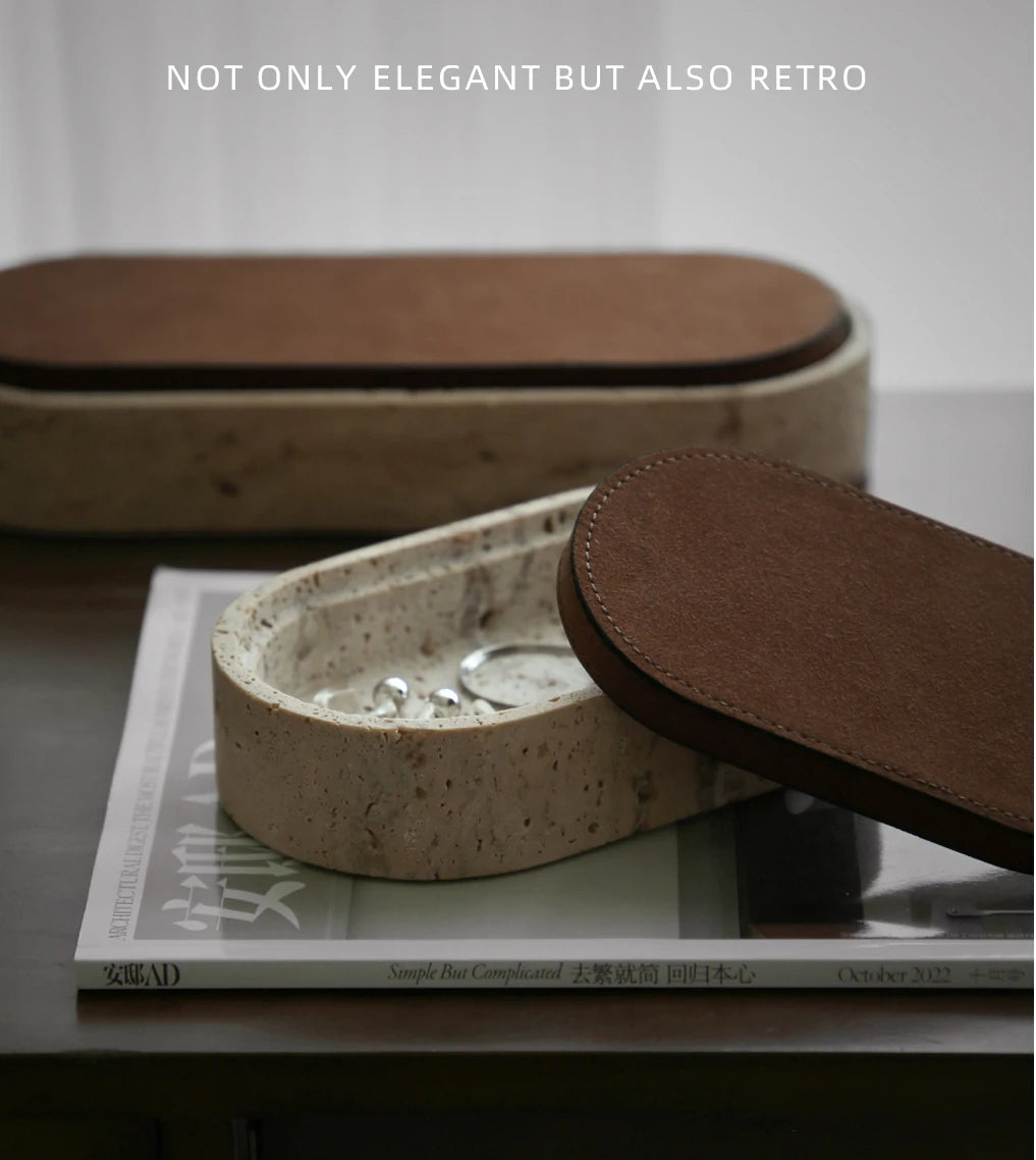 Vintage Travertine Box Luxury Jewelry Earrings Necklace Display Storage Jar Natural Stone Oval Container with Leather Cover