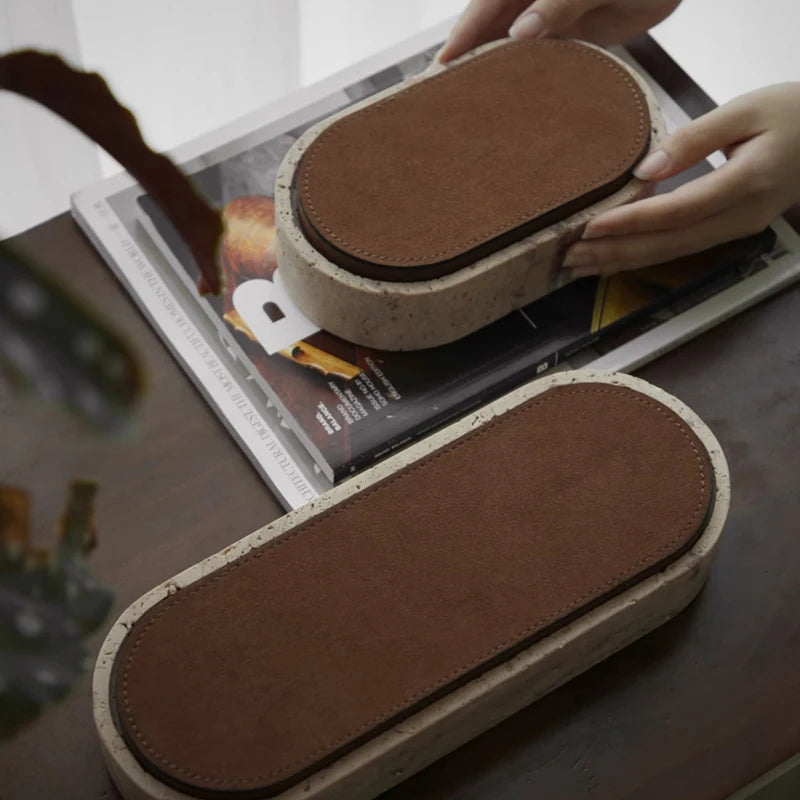 Vintage Travertine Box Luxury Jewelry Earrings Necklace Display Storage Jar Natural Stone Oval Container with Leather Cover