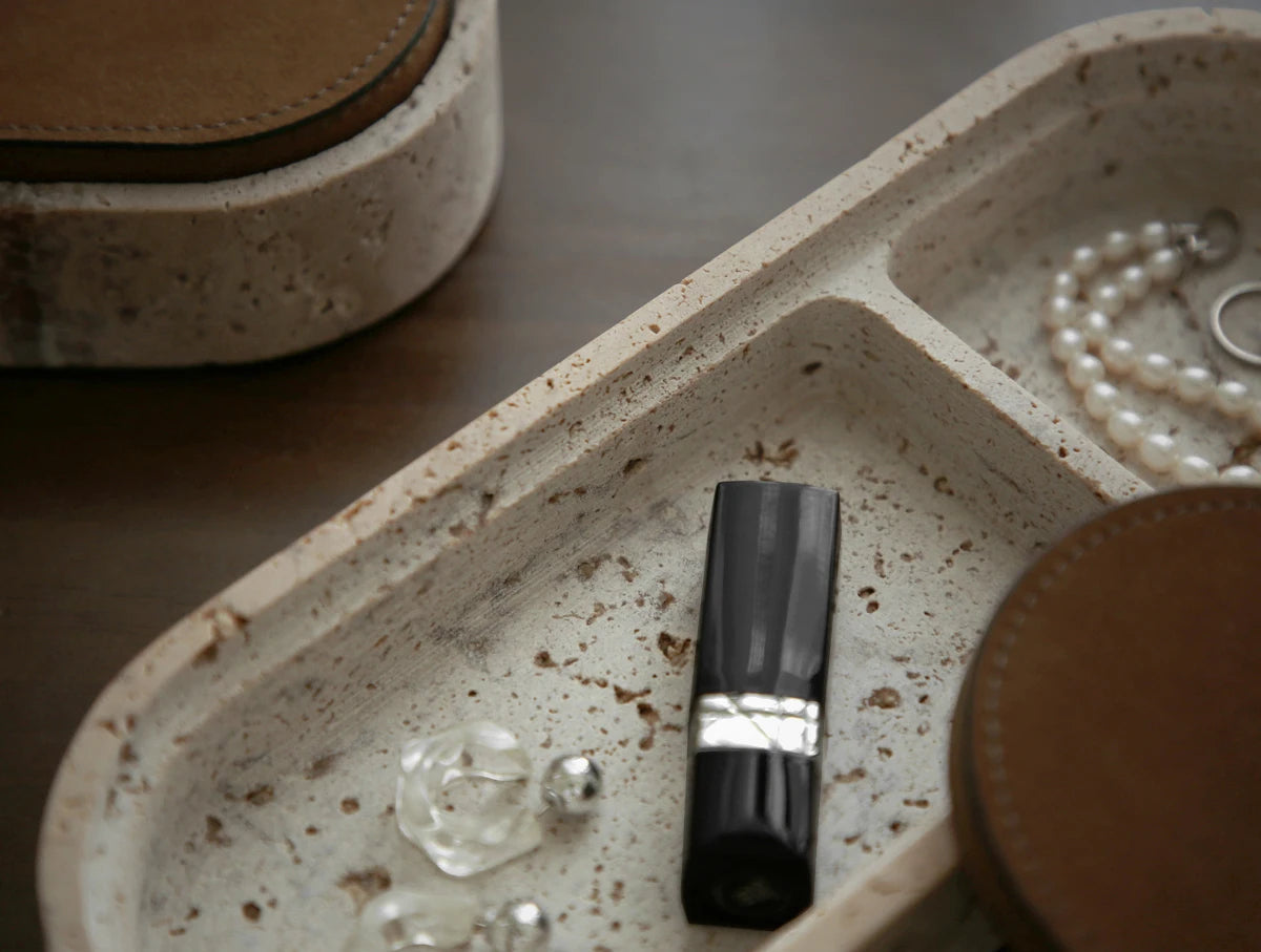 Vintage Travertine Box Luxury Jewelry Earrings Necklace Display Storage Jar Natural Stone Oval Container with Leather Cover
