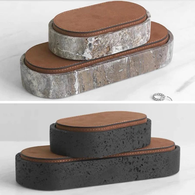 Vintage Travertine Box Luxury Jewelry Earrings Necklace Display Storage Jar Natural Stone Oval Container with Leather Cover