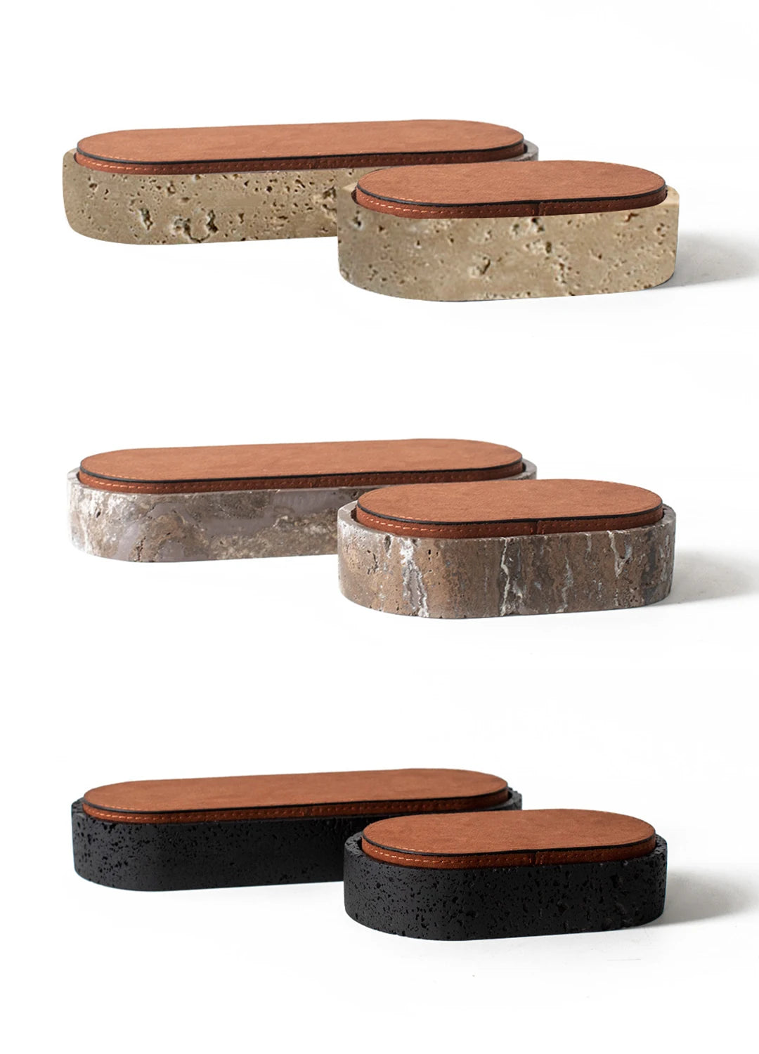 Vintage Travertine Box Luxury Jewelry Earrings Necklace Display Storage Jar Natural Stone Oval Container with Leather Cover