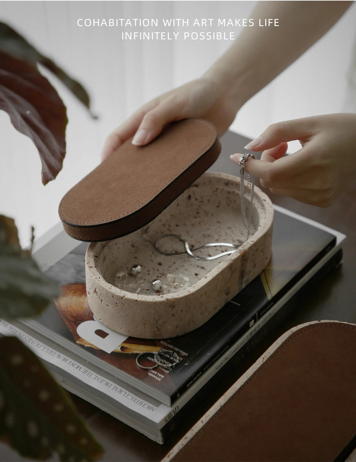 Vintage Travertine Box Luxury Jewelry Earrings Necklace Display Storage Jar Natural Stone Oval Container with Leather Cover