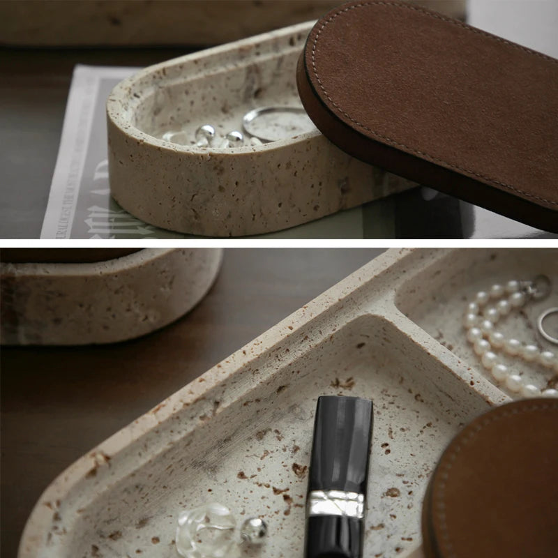 Vintage Travertine Box Luxury Jewelry Earrings Necklace Display Storage Jar Natural Stone Oval Container with Leather Cover